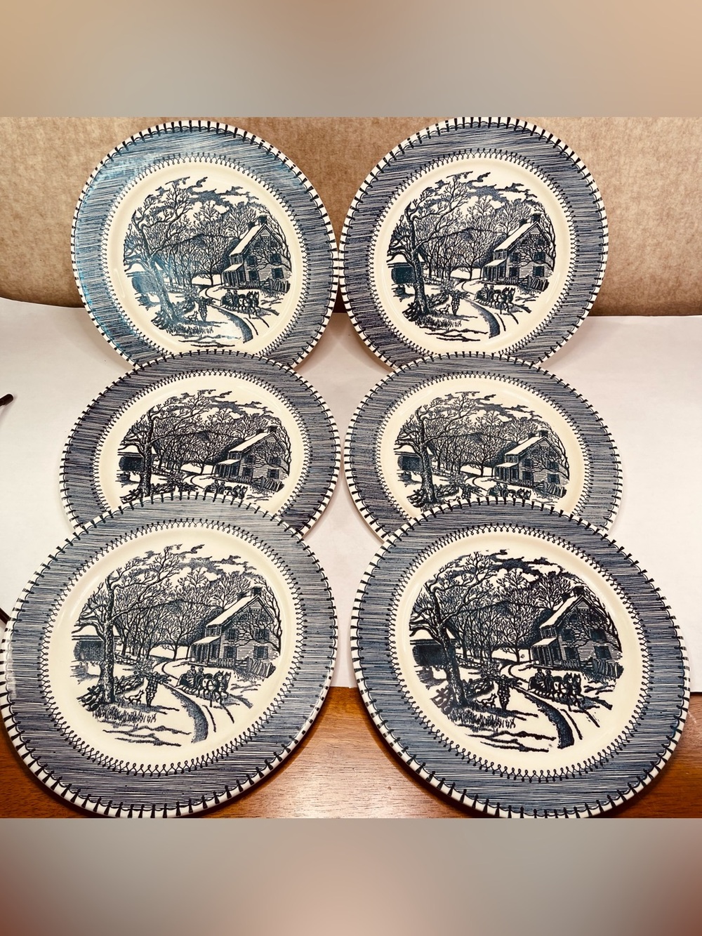 VTG Knowles 50s Currier & Ives Country Life Blue Dinner Plate Set of 6